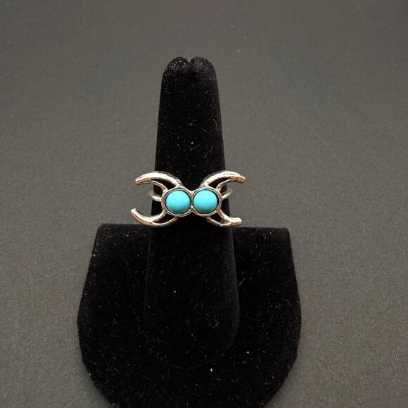 VTG Silver Tone Crescent Turquoise Double Stone Ring Boho Y2K Statement Jewelry - Picture 1 of 8